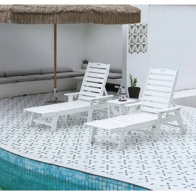 3-Piece Patio Set 2 Oversized Chaise Lounges (5-Position, Wheels, Cup Holder) + Side Table, All-Weather Wood Texture.
