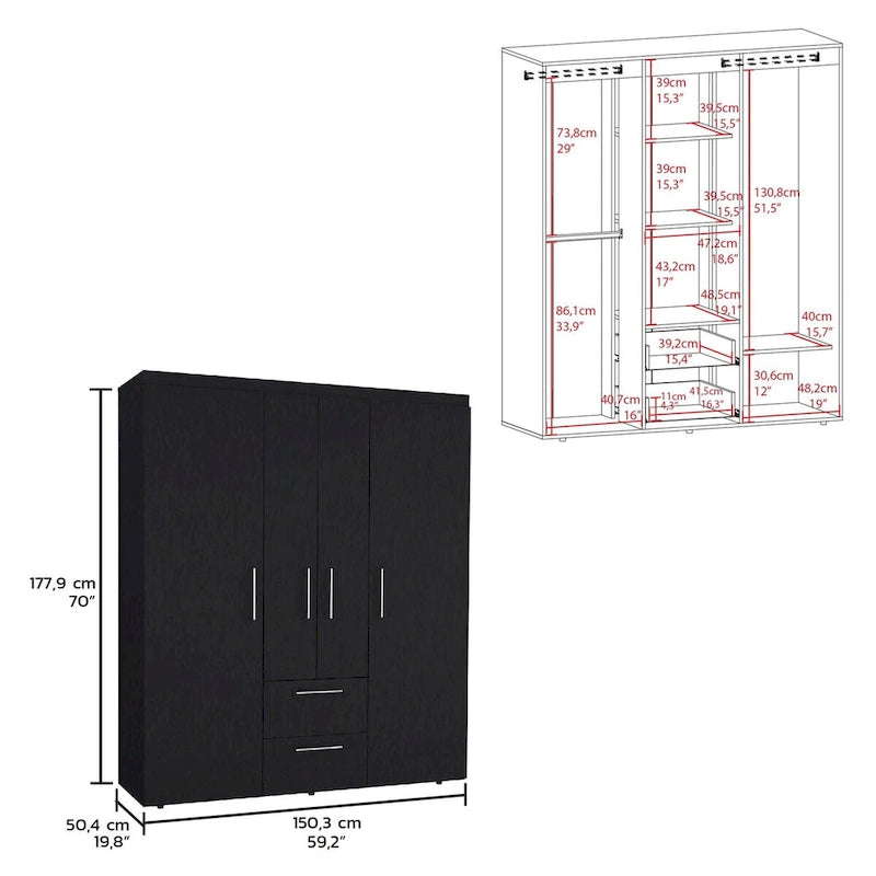 Bariloche Armoire with Hanging Rods, Shelves, 2 Drawers