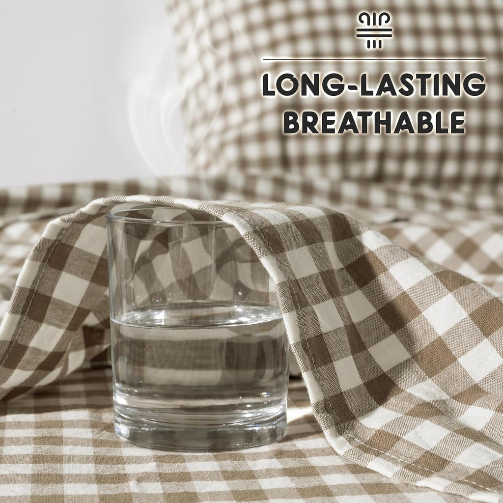 SONORO KATE 100% French Pure Linen Sheets, Breathable and Durable Linen King Size Sheets, Anti-Tear Linen Bed Sheets, Machine Washable, 16 Inch Deep Pocket - 4 Piece (Brown & White Plaid)
