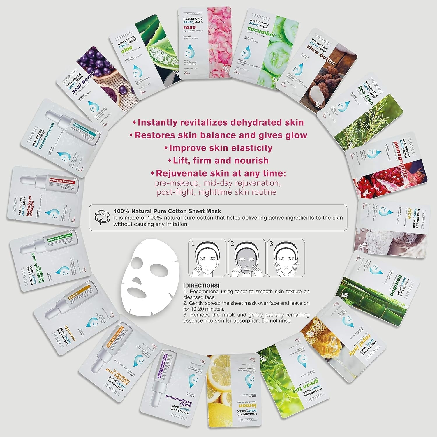 BEAUTY29 Hyaluronic Aqua Plus Essence Full Face Facial Sheet Mask 14 Sheets - 2 WEEKS SET