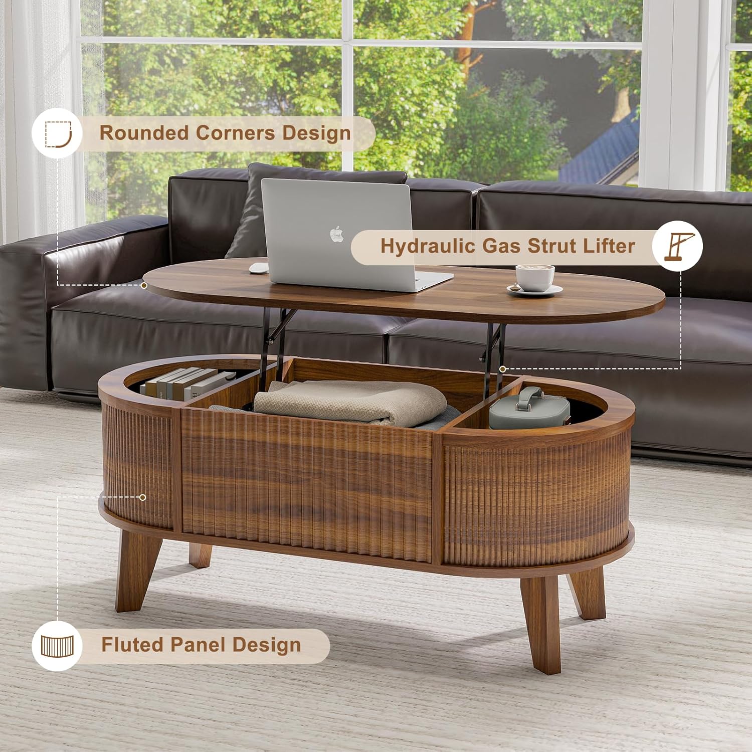 LYNCOHOME Fluted Lift Top Coffee Table with Storage,Modern Oval Coffee Table for Living Room or Home OfficeWalnut