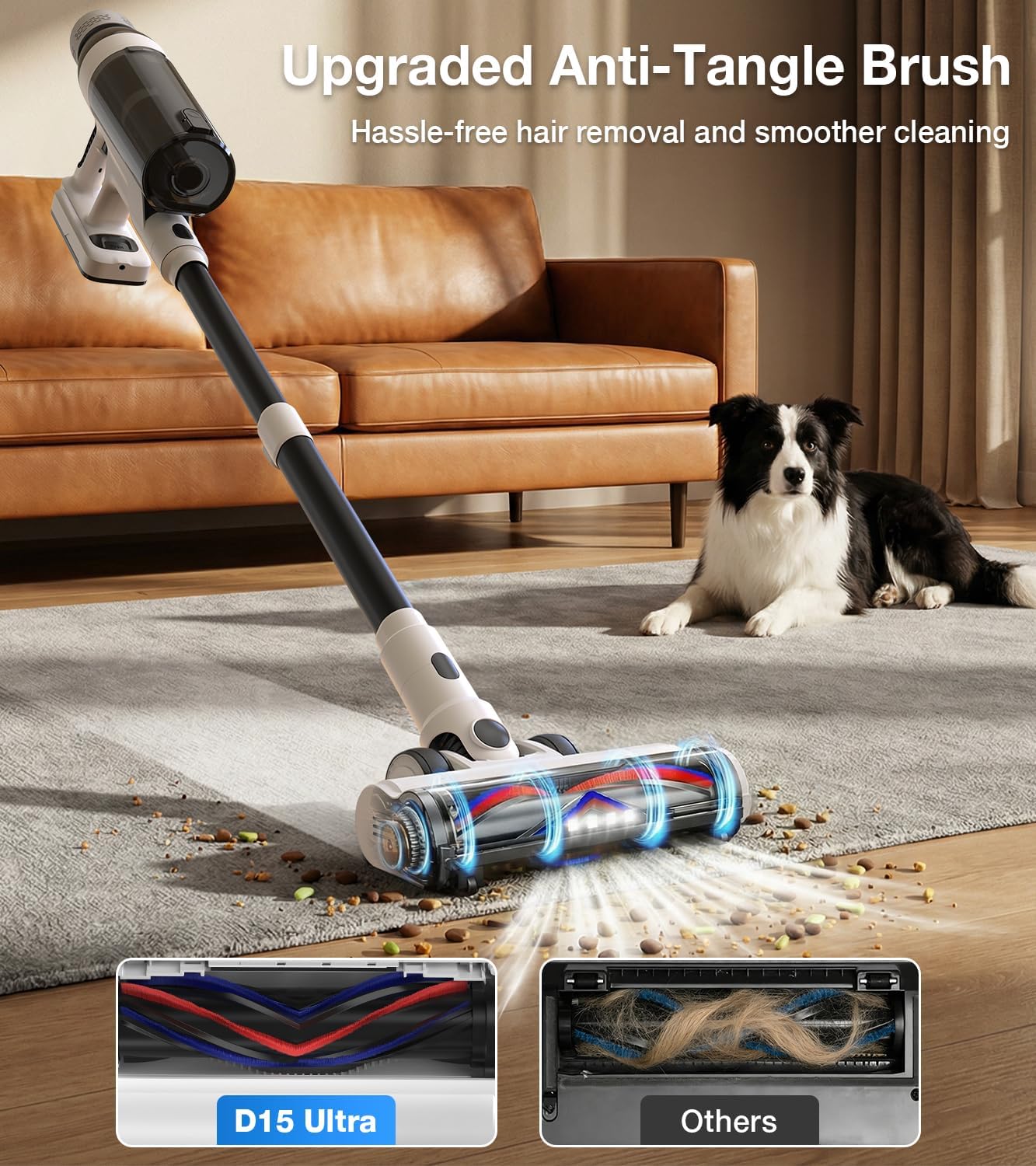 Cordless Vacuum Cleaner, 55Mins Vacuum Cleaners for Home, 15-in-1 Self-Standing Stick Vacuum with LED Light, Anti-Tangle & Wall Mount Charge, Lightweight Vacuum for Hard Floors Carpets Pet Hair