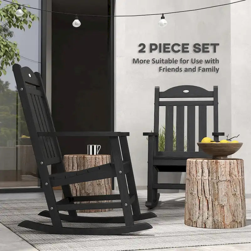 Outsunny 2 Pieces Outdoor Rocking Chair, All Weather-Resistant HDPE Rocking Patio Chairs with Rustic High Back, Armrests