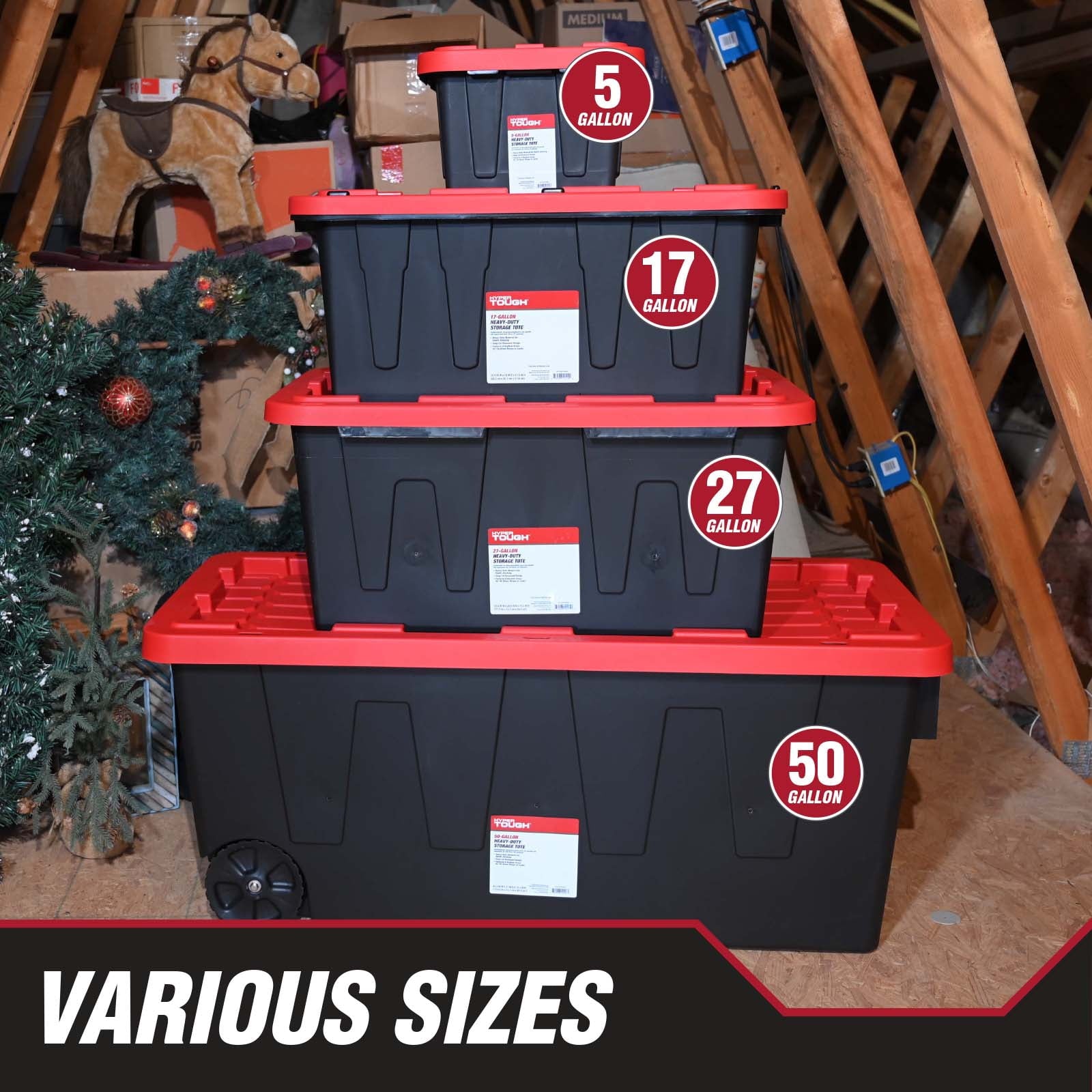 27 Gallon Large Storage Bin with Snap Lid, Black and Red, Heavy Duty Plastic Storage Container