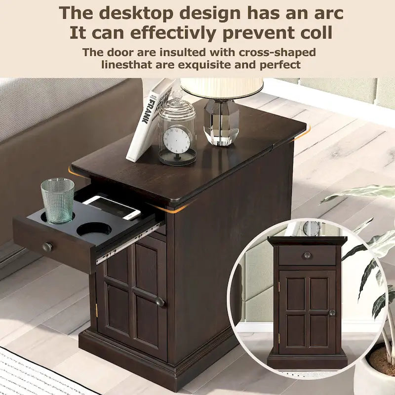 Classic Vintage End Table Side Table with USB Ports and 1 Multifunctional Drawer with Cup Holders