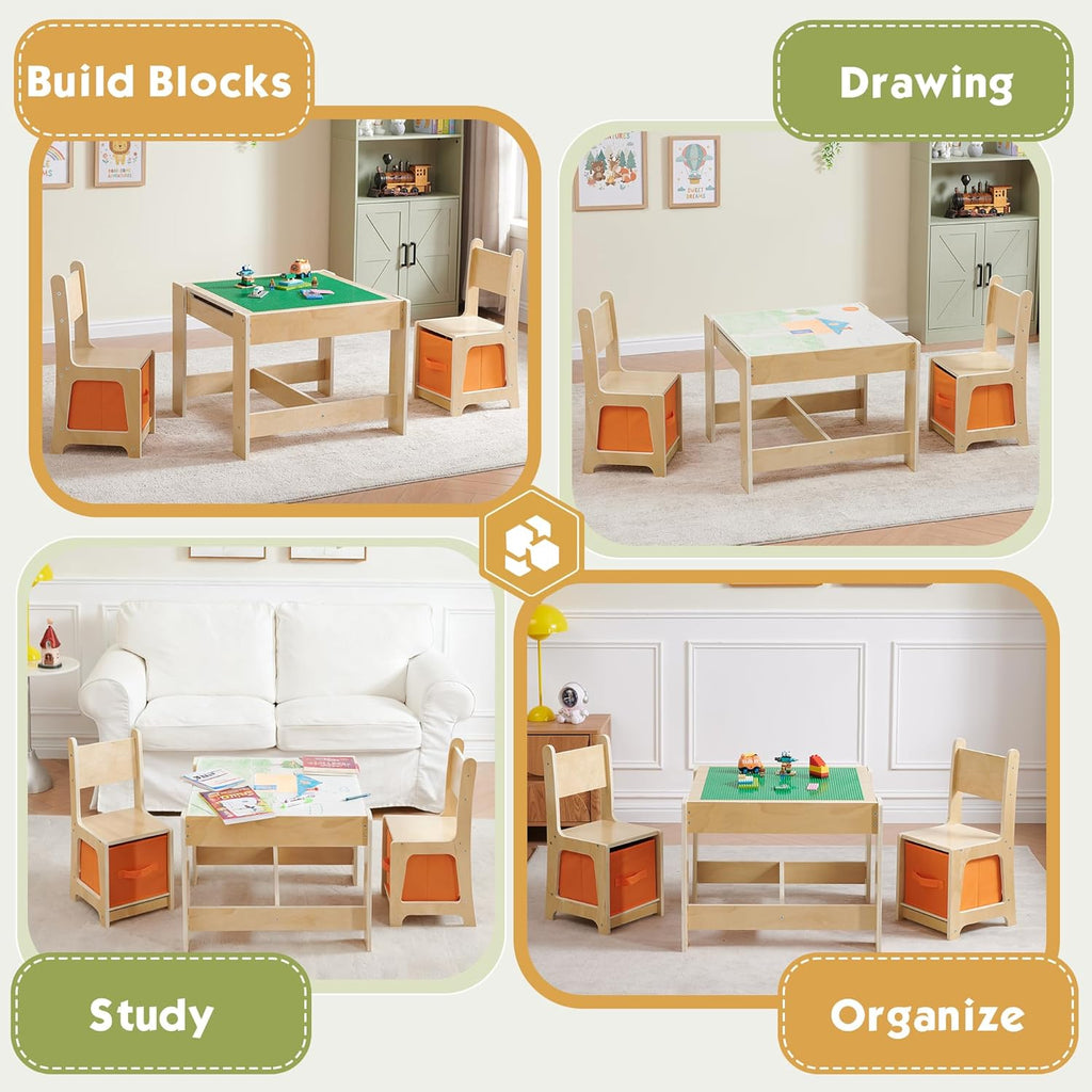 Wooden Kids Table and Chair Set, 3 in 1 Activity Table with Storage Drawer, 2 in 1 Detachable Tabletop Construction Play Table Set for Drawing, Reading