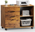DUMOS Lateral File Cabinet with 3 Drawers Rolling Filing Cabinets Under Desk Storage Printer Stand Wood Organizer with Wheels Adjustable Shelf for Office Home Small Space, Brown