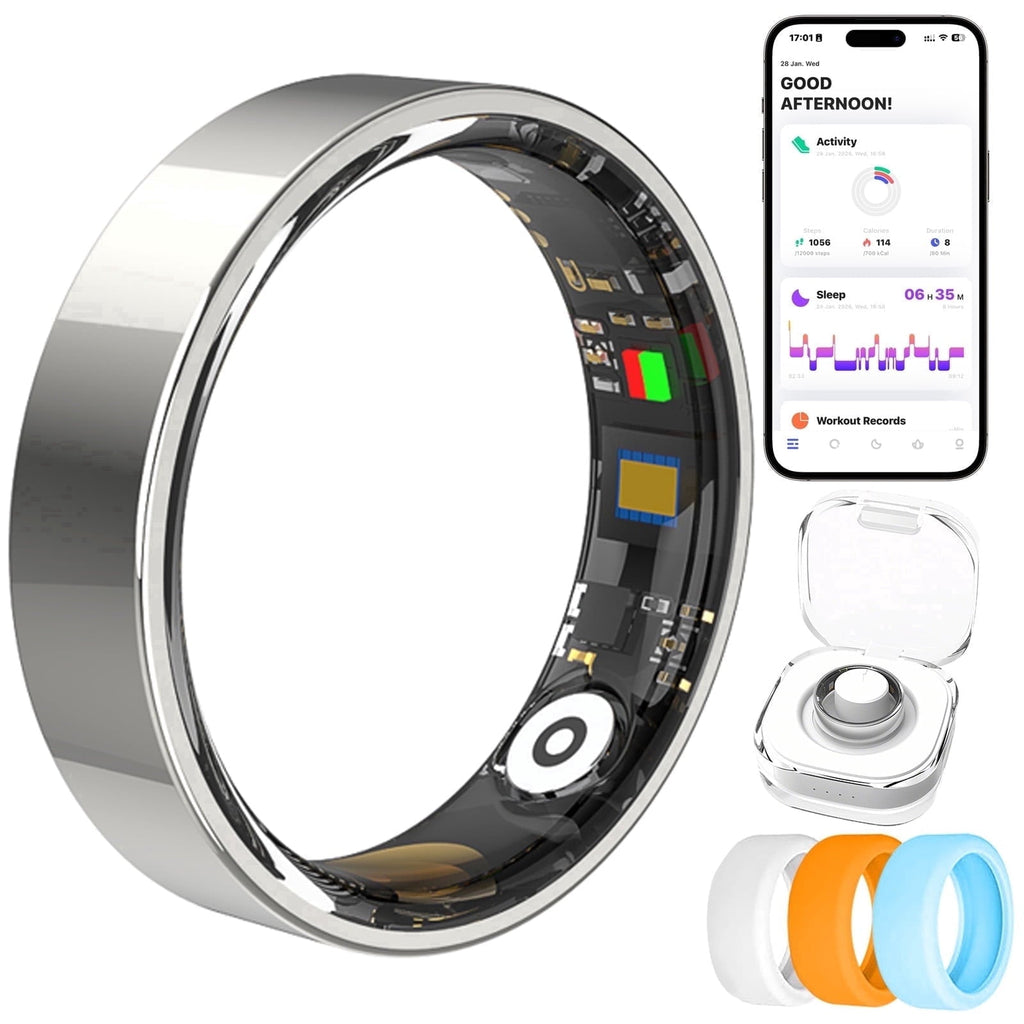 Fitness Tracking Ring, 7-Day Battery, Heart Rate Sleep Monitor, No Subscription, IP68 Waterproof, Stainless Steel - Size 7, Black