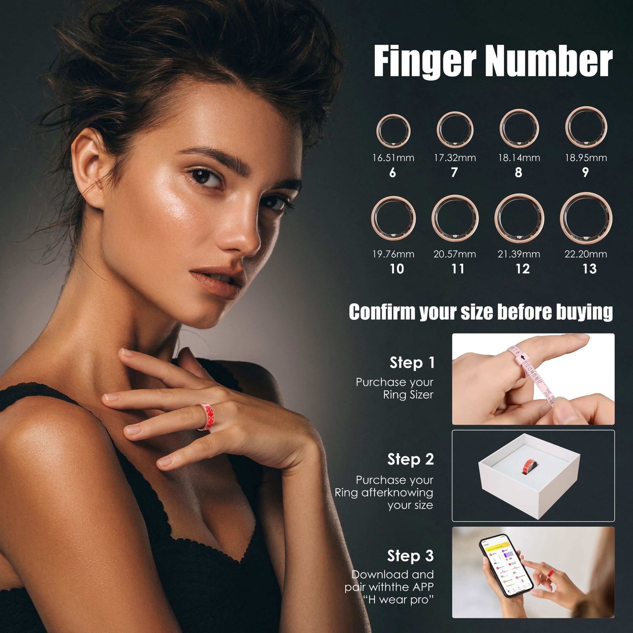 Health Tracking Ring, Suitable for Both Men and Women, 5ATM Waterproof, Activity/Sleep/Temperature Monitoring, Family Care Mode, Compatible with Android and iOS.