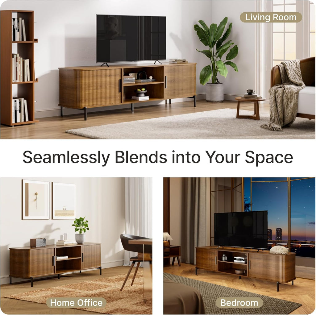 SUNCOZE 70" Mid-Century Fluted TV Stand with Storage, Modern Entertainment Centerfor TVs up to 80 Inch with Sliding Tambour Doors & Open Shelves, Media Console for Living Room or Bedroom (Walnut)