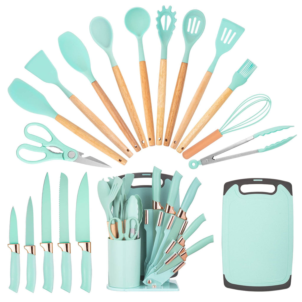 19-Piece Silicone Kitchen Utensil & Knife Set - Heat-Resistant Cooking Tools Non-Stick Safe Gift for Mom or Women Black