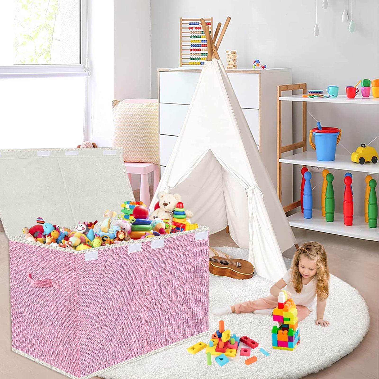 Large Toy Box for Girls,Toy Chest for Kids -Collapsible Toy Storage Organizer with Lid Toy Bin Storage Organizer for Nursery, Playroom, Bedroom , Closet, Living Room, Kindergarten (Pink)