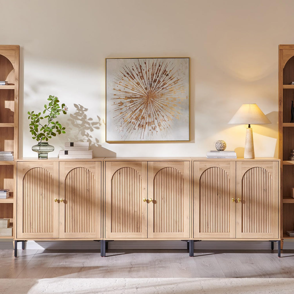 IFGET Modern TV Stands for 80 inch tvs, 92.63" W Wood Entertainment Center w/Adjustable Shelves, Mid Century Modern TV Stand w/Arched Fluted Doors, Media Console Cabinet for Living Room, Natural