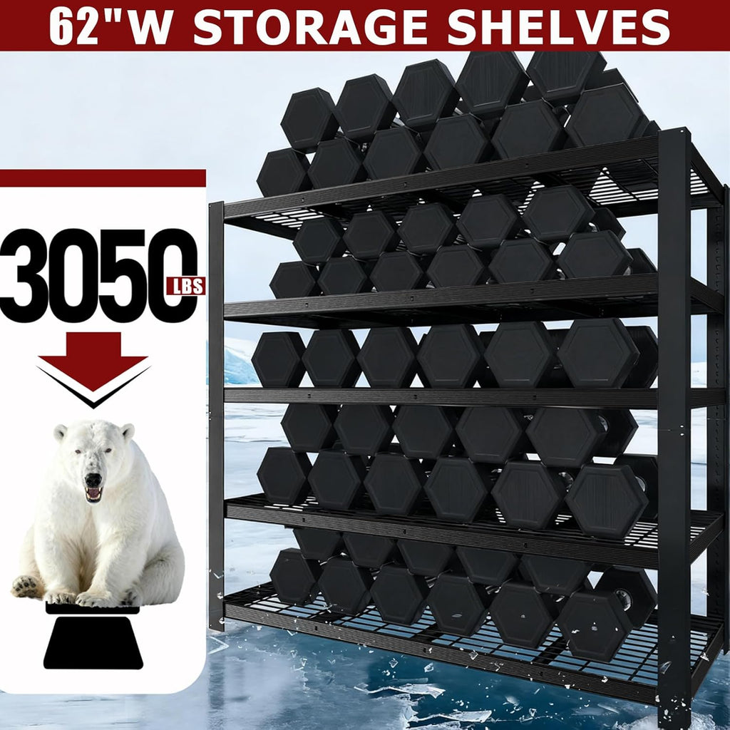 62" W 3050LBS Storage Shelves Unit,5 Tier Heavy Duty Metal Shelving Unit and Storage Large Rack,72" H x62 W x24 D Adjustable Metal Shelving Unit,Garage Shelves for Basement,Warehouse