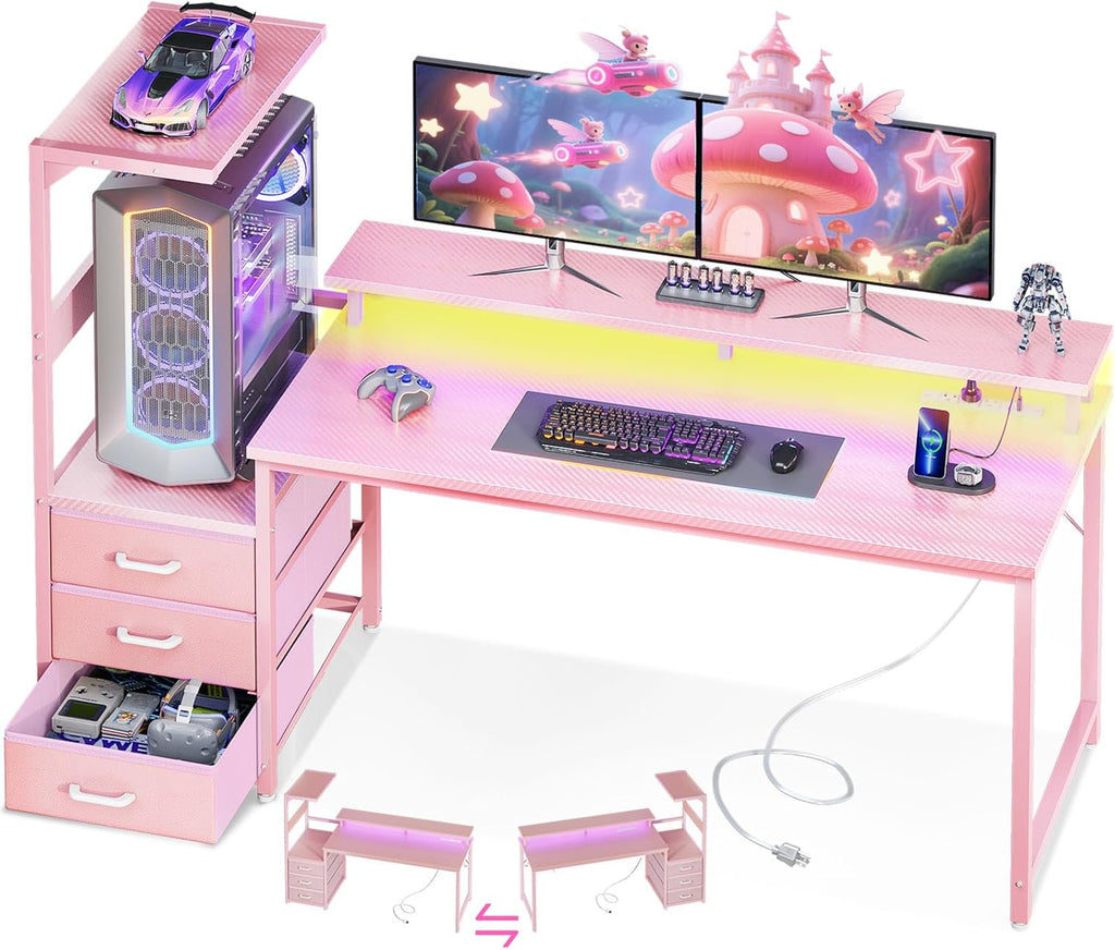 AODK 59 Inch Gaming Desk with USB Charging Ports & LED Light- Reversible Computer Desk with Storage Shelves & Monitor Stand, Modern Gamer Desk Table with Fabric Drawers, Pink