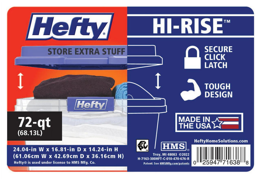 Hefty HI-RISE 72 Quart Large Latching Storage Bin, Clear Plastic Storage Container with HI-RISE Latch Lid, Blue