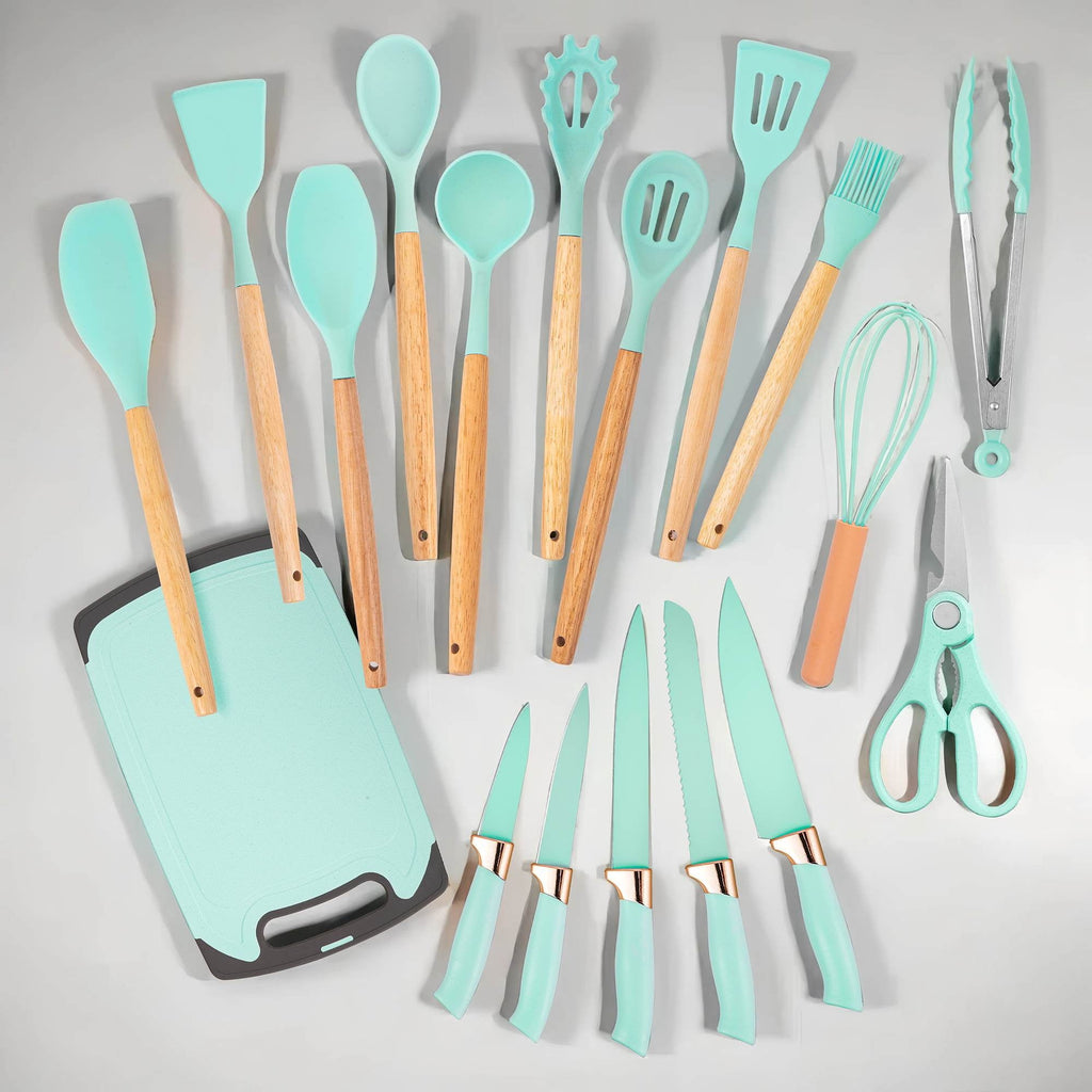 19-Piece Silicone Kitchen Utensil & Knife Set - Heat-Resistant Cooking Tools Non-Stick Safe Gift for Mom or Women Black