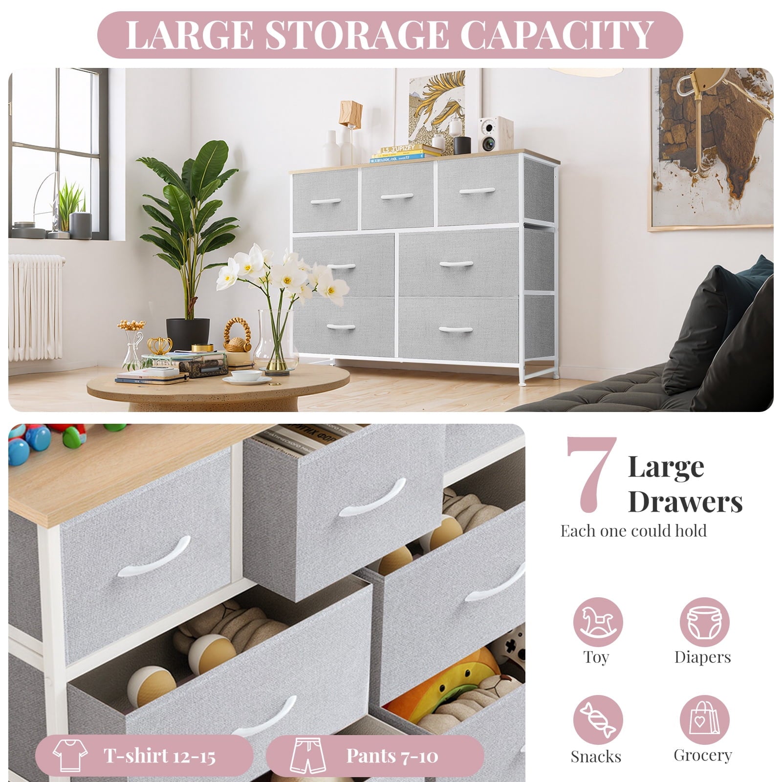 Dresser, Storage Organizer with 7 Drawers for Bedroom, Chest of Drawers with Fabric Bins, Sturdy Metal Frame, Wood Tabletop for Guest Room, Closet, Entryway, Nursery, Black