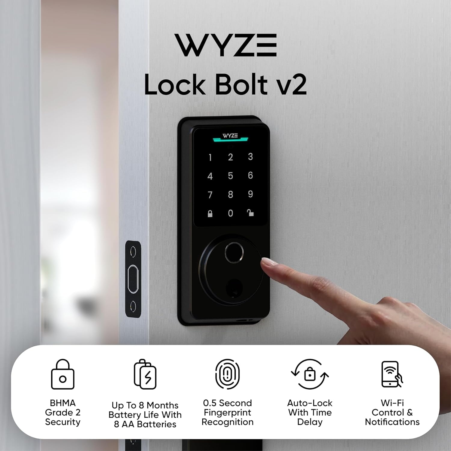 Lock Bolt v2, Smart Wi-Fi Deadbolt with Fingerprint Scanner, Keyless Entry, Keypad with 50 Passcodes, Built-in Wi-Fi 6, Auto-Lock, 8-Month Battery