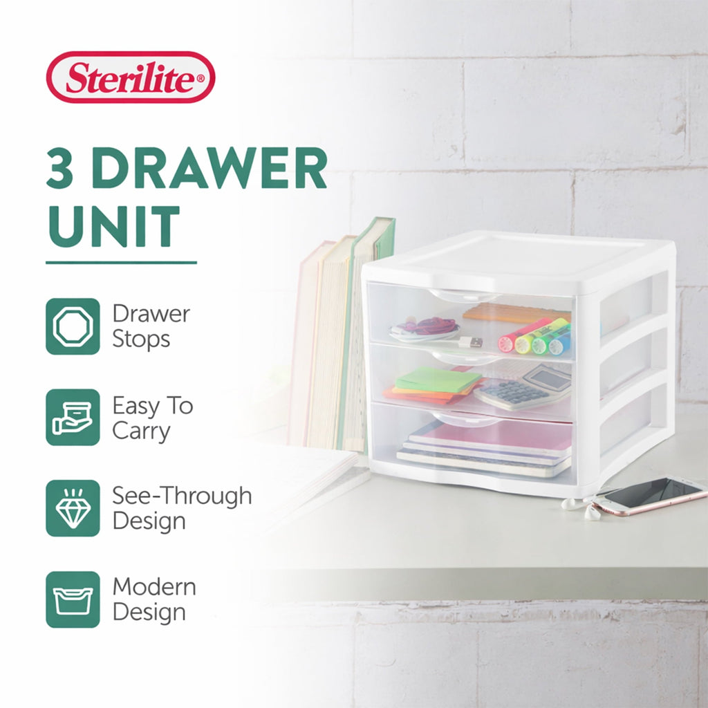 3 Drawer Clear Storage Bin, Desktop Drawer Storage Container, White