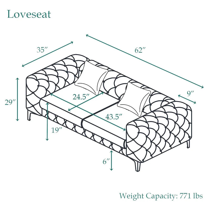 Morden Fort Modern Loveseat Two-Seater Sofa with Dutch Velvet, Solid Wood Frame and Iron Legs