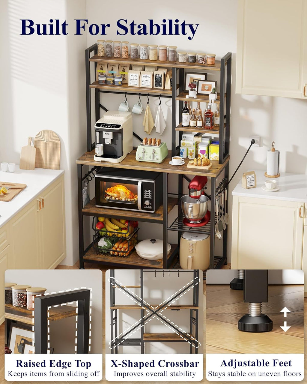 Kitsure Baker's Rack with Power Outlet - Storage Rack with Kitchen Shelves and 12 Hooks, Versatile Coffee Bar and Microwave Stand for Appliances, Pantry, Home Organization,Brown, 38.0" x 15.5" x 67.0"