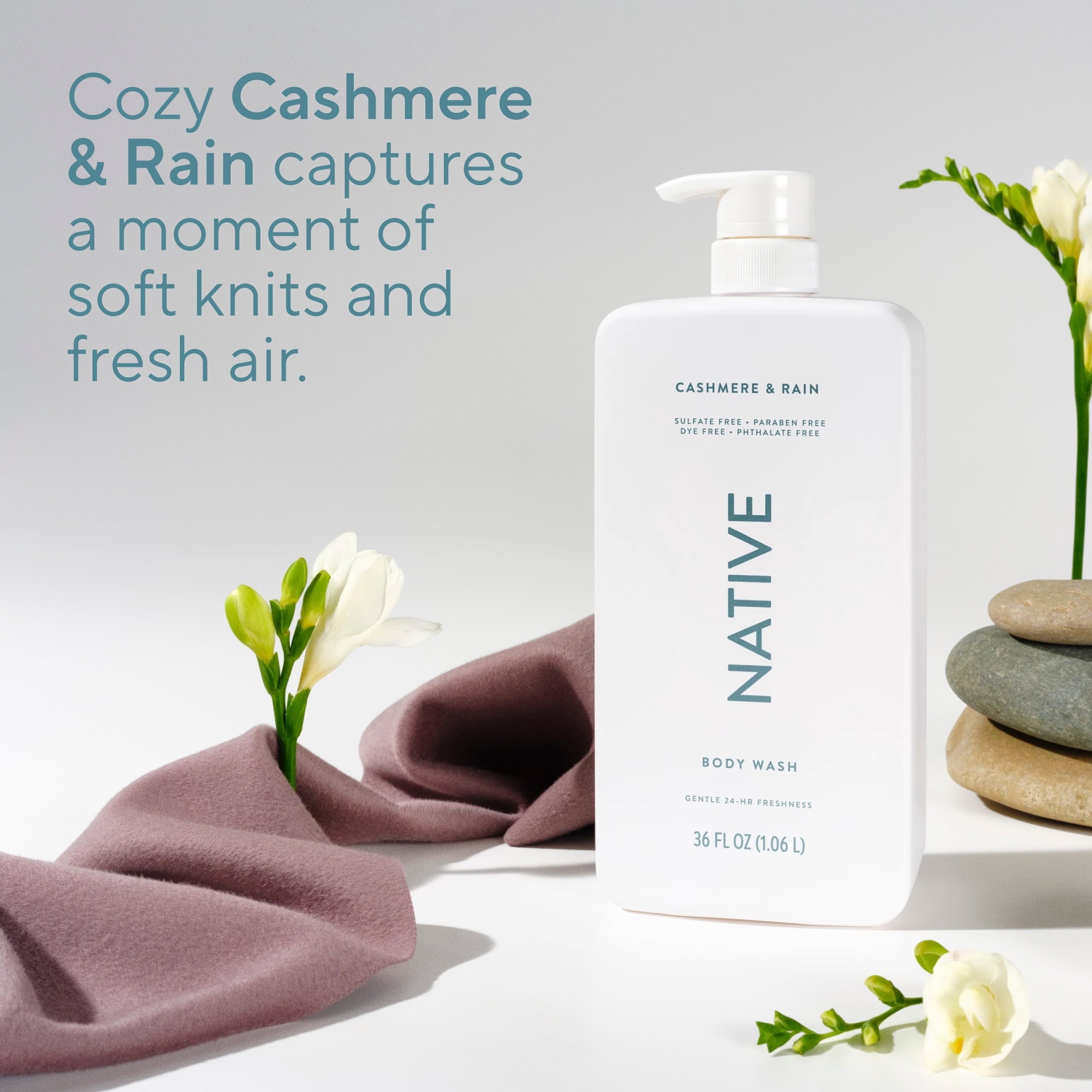 Body Wash, Cashmere & Rain, Sulfate Free, Naturally Derived Ingredients, 24hr Freshness, for Women & Men, 36 fl oz