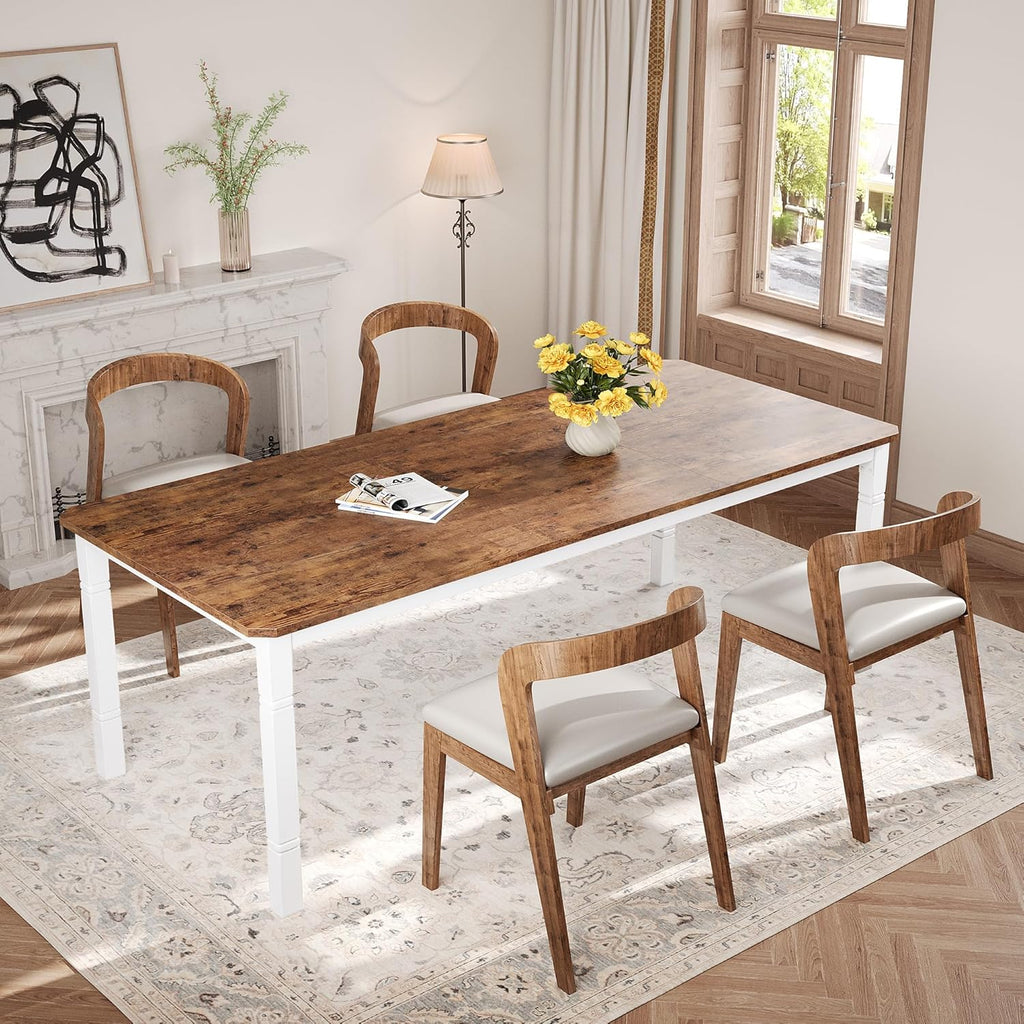 Garvee Large Dining Table for 6-8 People, 79" Wooden Kitchen Table with Sturdy Metal Frame, Dining Room Table for Dining Room, Kitchen, White Leg & Retro