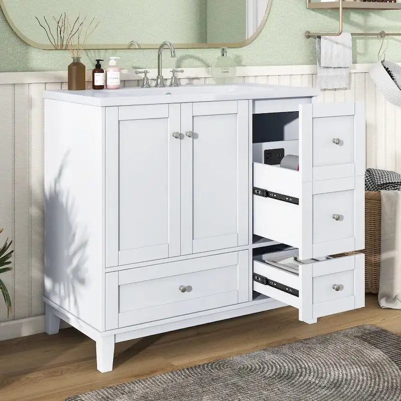 36 Inch Bathroom Vanity with USB Charging, Resin Sink, Solid Wood Frame, 3 Drawers Storage
