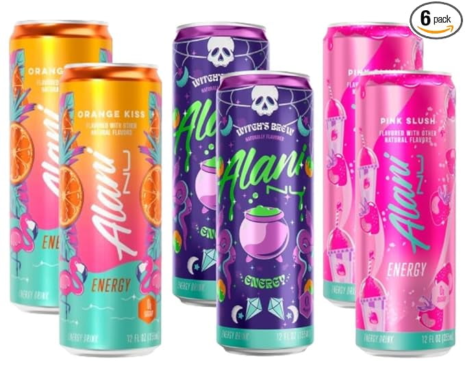 NEW Energy Drink Variety Pack, 12 oz 6-pack Variety (2 pack PINK SLUSH, 2 Pack WITCH'S BREW, 2 pack ORANGE KISS)