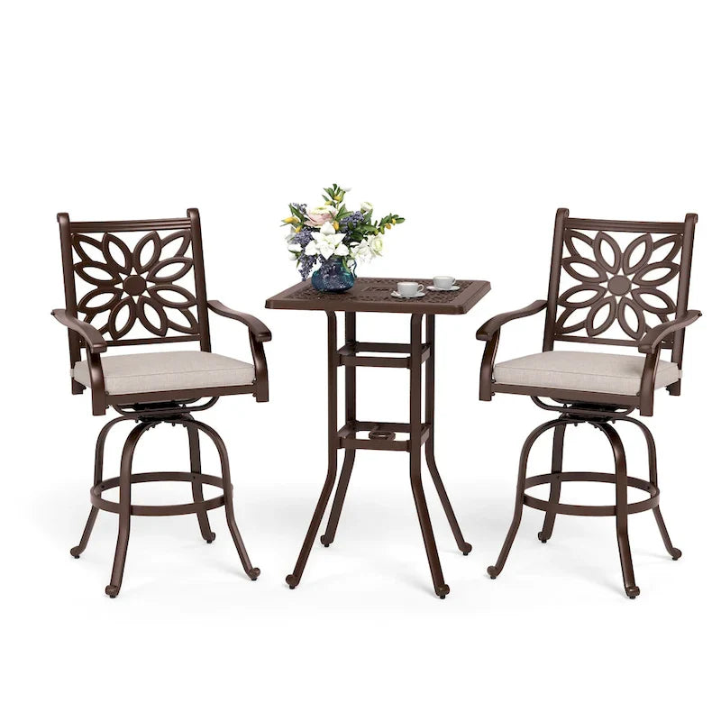 MAISON ARTS 3-Piece Cast Aluminum Patio Bar Stool Set of 1 Bar Table & 2 Swivel High Bar Stools