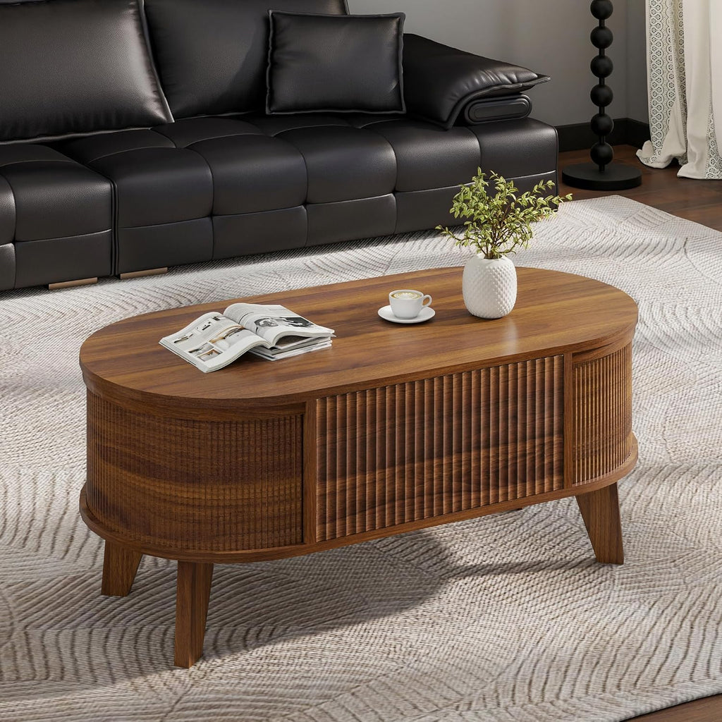 LYNCOHOME Fluted Lift Top Coffee Table with Storage,Modern Oval Coffee Table for Living Room or Home OfficeWalnut