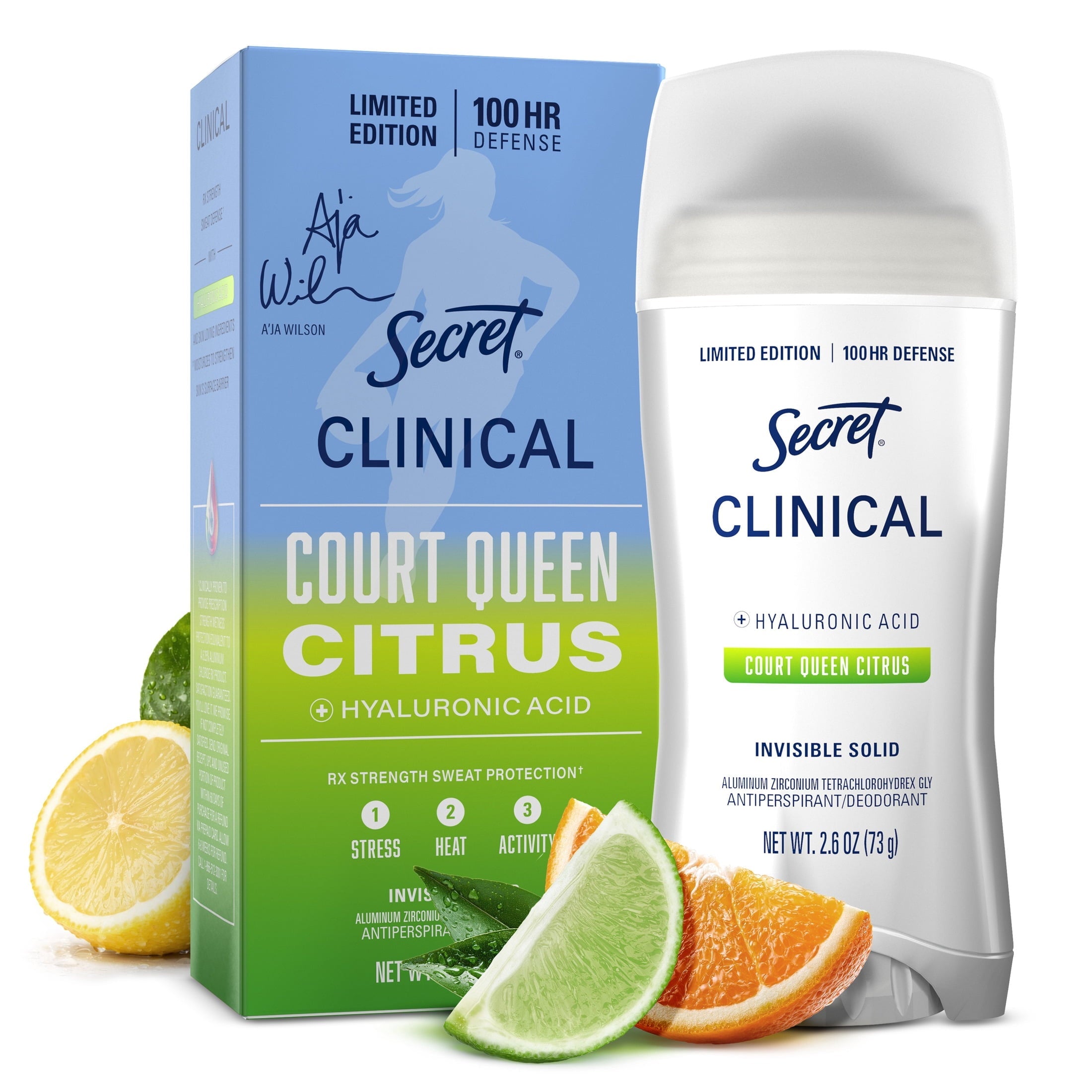 Clinical Strength 100HR Hyaluronic Acid Antiperspirant Deodorant for Women, Invisible Solid, A'Ja Wilson Court Queen Citrus, 2.6 oz
