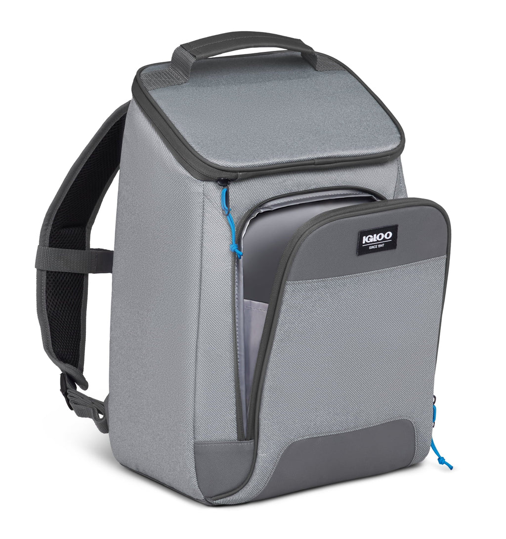 Laguna Soft Sided Cooler Backpack, 24 Can Capacity, Gray Twill with Ibiza Blue