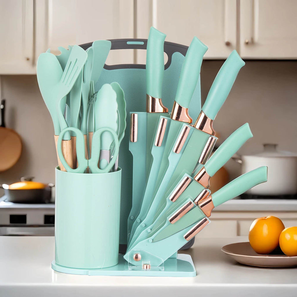 19-Piece Silicone Kitchen Utensil & Knife Set - Heat-Resistant Cooking Tools Non-Stick Safe Gift for Mom or Women Black