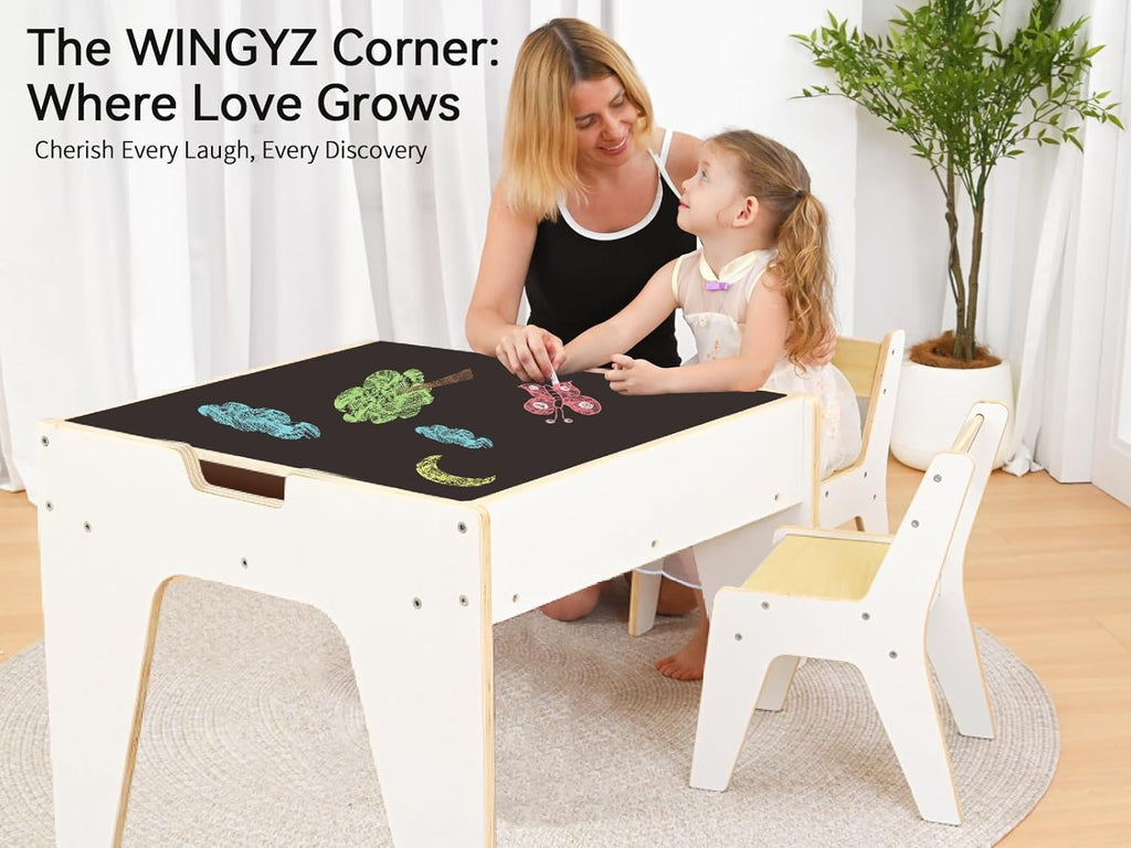 WINGYZ 4-in-1 Wooden Kids Activity Table and 2 Chairs, Ages 2-12 & 4-8 Building Blocks Construction Sensory Table with Storage, Spacious Kids Learning Desk