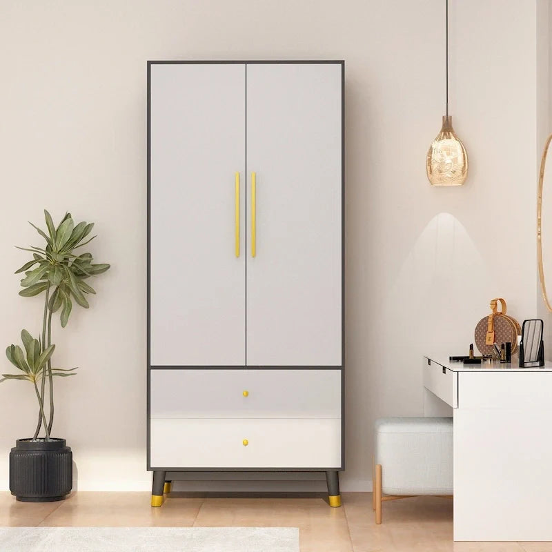 Wardrobe Closet Armoire with 2 Doors Wooden Clothes Storage Cabinet