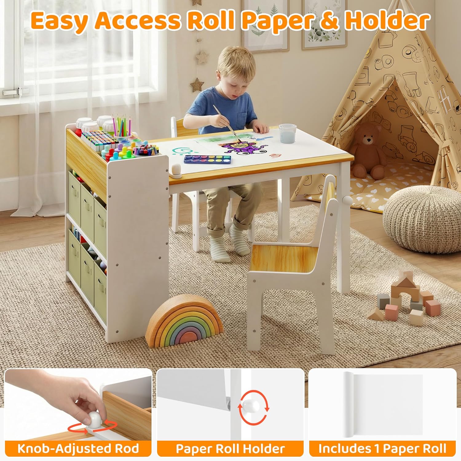 GITAWUSA Kids Art Table and Chairs, Wooden Kids Craft Table and Chairs with Storage Bins and Paper Roll, Toddler Activity Play Desk for Drawing/Learning/Read, Toddler Table and Chair Set for Boy/Girl