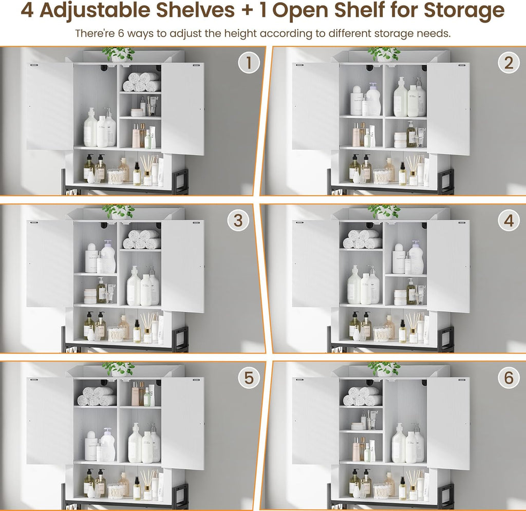 Memobarco Over The Toilet Storage Cabinet, Over Toilet Organizer with 2-Door & Metal Stand, Bathroom Organizers and Storage with Adjustable Shelves for Bathroom, Restroom, Laundry, White