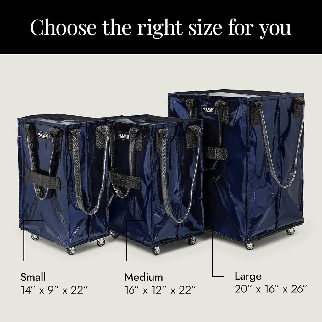 HULKEN (Small, Midnight Blue) Reusable Grocery Bag On Wheels, Shopping Trolley, Rolling Tote, Zipper Closure, Lightweight, Carries Up to 66 lb, Folds Flat