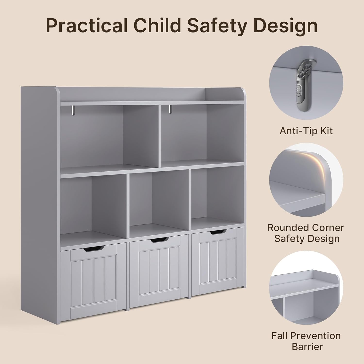 Gizoon Toy Storage Cabinet and Kids Bookcase with 3 Movable Drawers and 6 Open Shelves Featuring Fall Prevention Barrier for Playroom Nursery Kids Room Organization, Gray