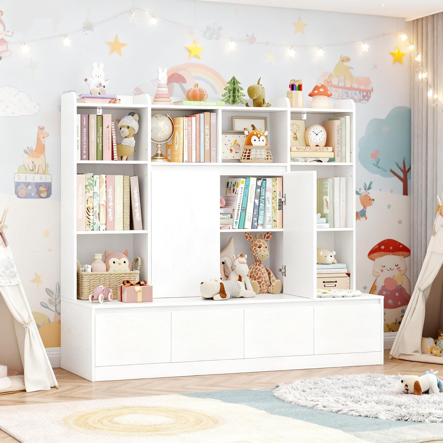 HIFIT 4-In-1 Kids Bookshelf and Toy Storage Organizer with Bench, 10-Cube Kids Bookcase with Reading Nook & 4 Sliding-Drawers & 2 Doors, Toy Chest Storage Cabinet for Playroom, Nursery,Classroom,White