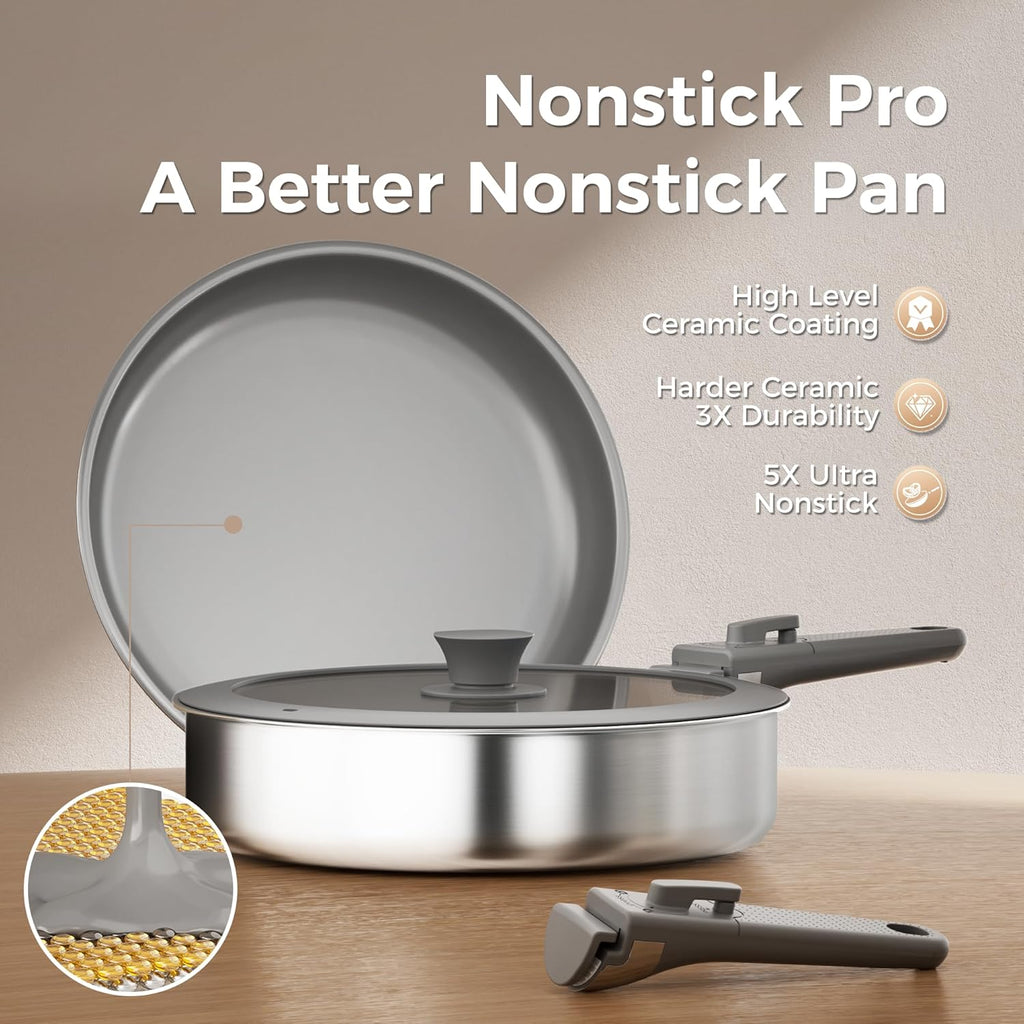 Sanho 21-Piece Pots and Pans Set, Healthy Ceramic Nonstick Cookware with Detachable Handles, Non-Toxic 4-Layer Stainless Steel & Aluminum Core, Induction RV Kitchen Set, Dishwasher & Oven Safe, Gray
