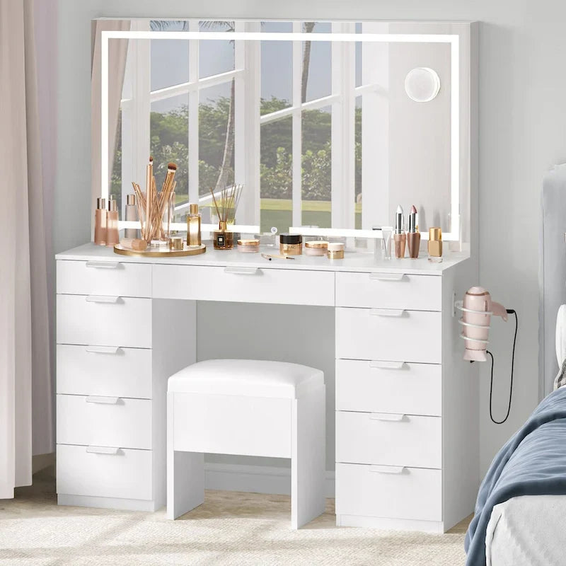 Moasis 46 Vanity With Built-in Socket With Illuminated Mirror and Hair Dryer Rack - 55.8 H X 46 W X 11.7 D