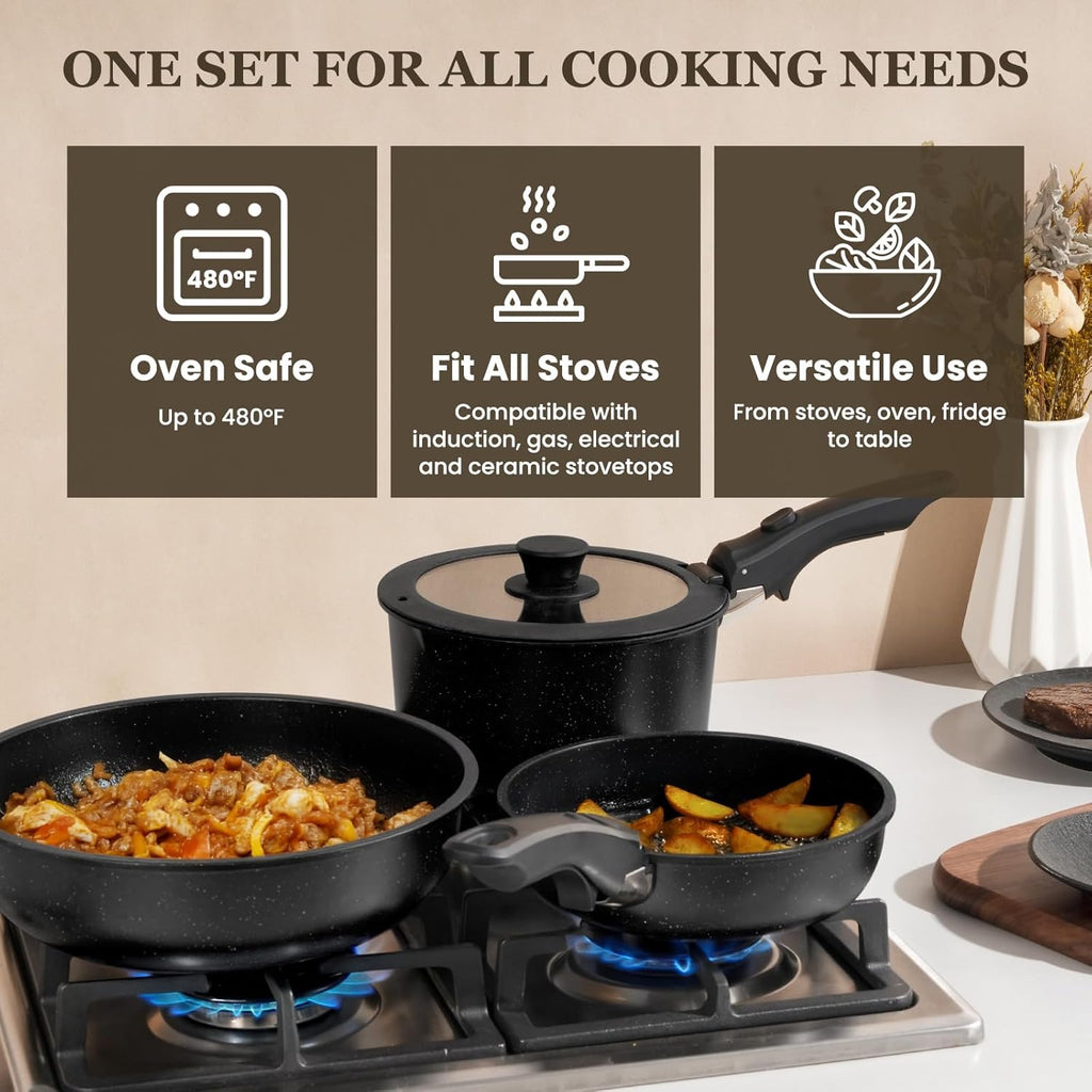 KIKCOIN 20 Pcs Pots and Pans Set Non Stick, Detachable Handle Cookware Sets Nonstick, Non Toxic Induction RV Kitchen Cooking Set with Removable Handles, Dishwasher/Oven Safe, Easy Clean (Black)