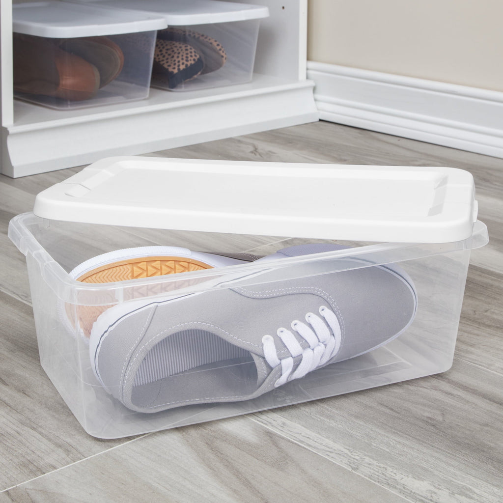 6 Quart Small Storage Bin, Clear Plastic Storage Container with Snap-On Lid, White
