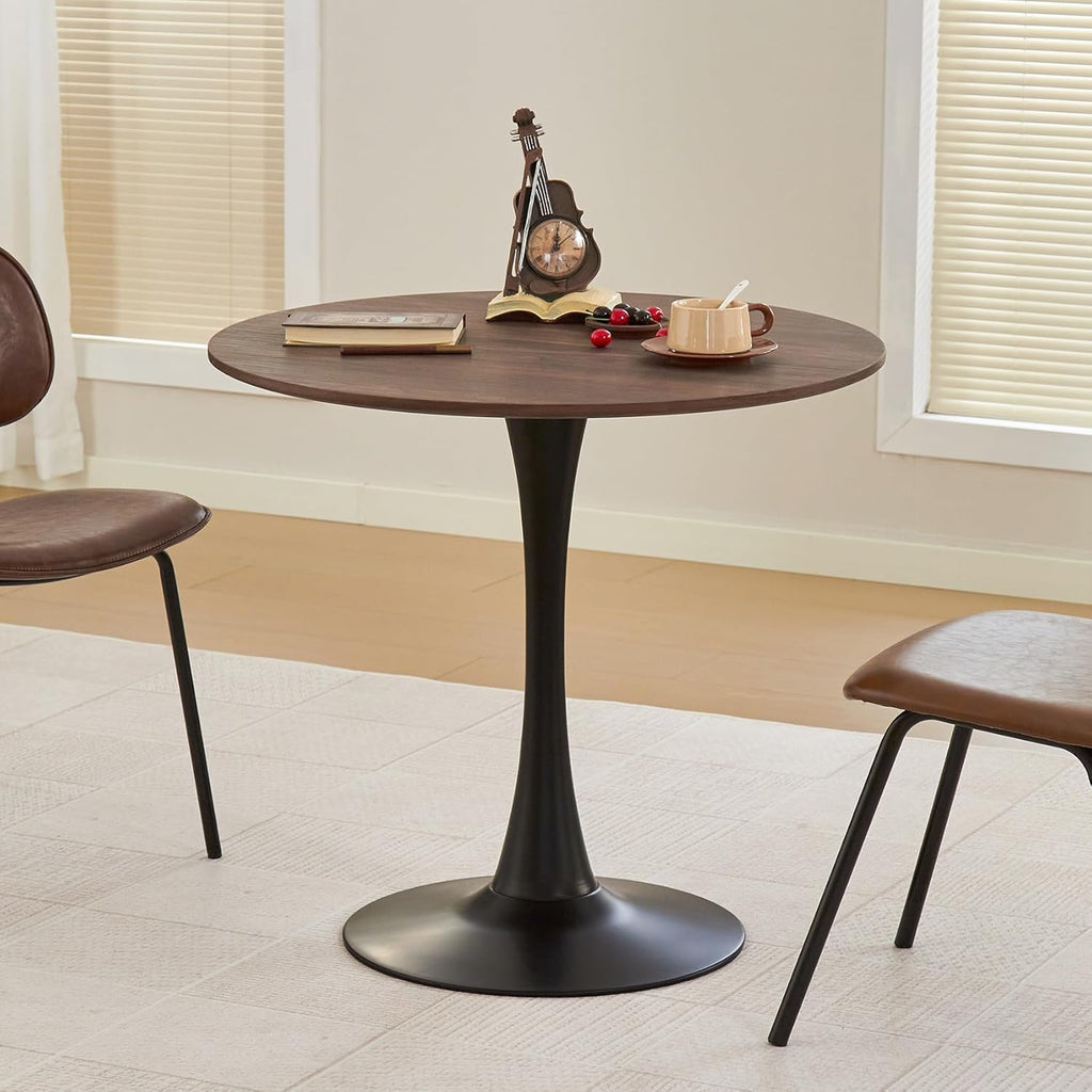 Round Dining Table, 31.5" Circle Tulip Table with Thickened Tabletop & Metal Pedestal, Mid Century Modern Bistro Table for Kitchen, Small Places, Living Room, Cafe (Faux Walnut)