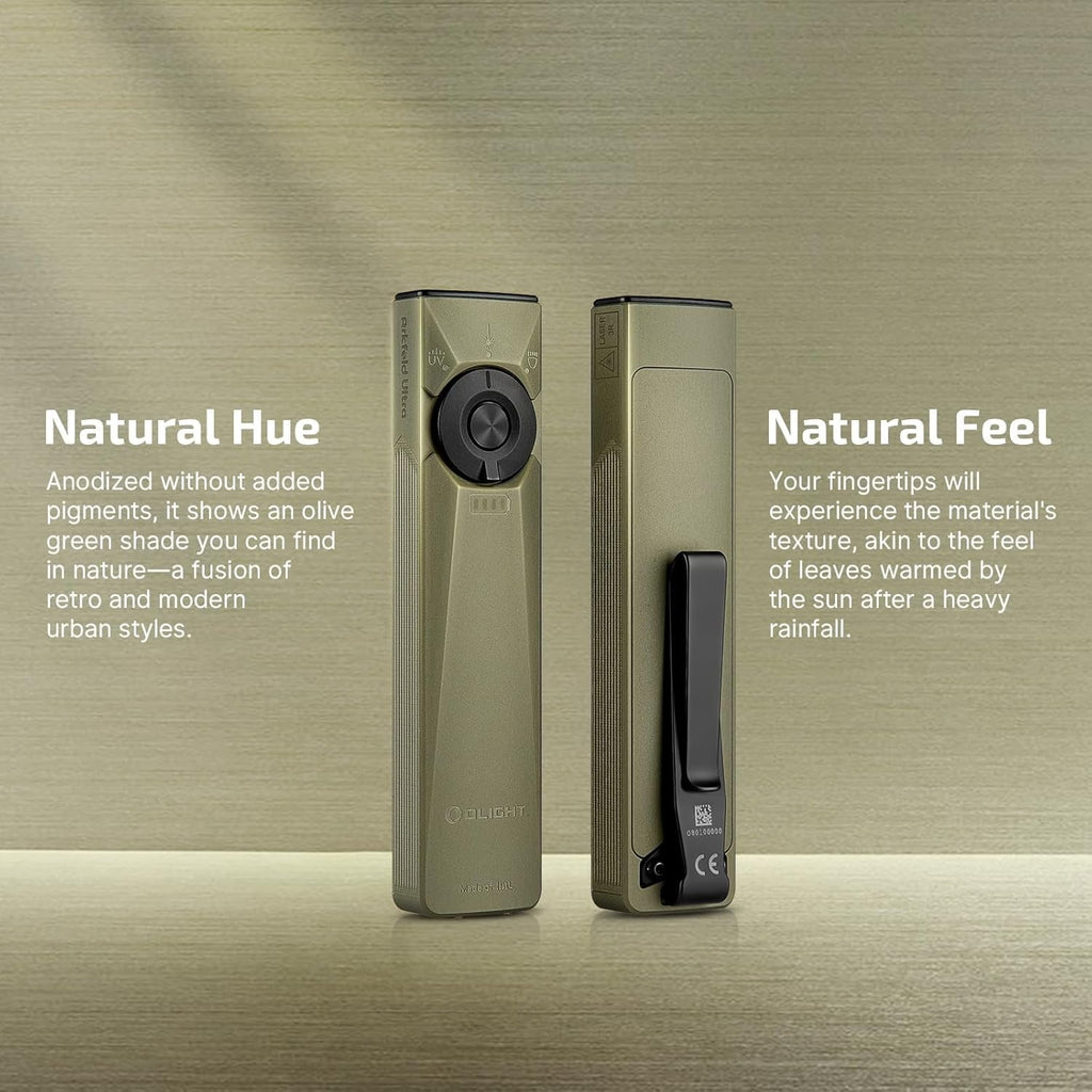 Arkfeld Ultra 1400 Lumens EDC Flat Flashlight, Rechargeable Compact Pocket Flash Light Combines White LED, UV and Green Beam, Triple Sources Perfect for Checking, Working (Olive-Green)