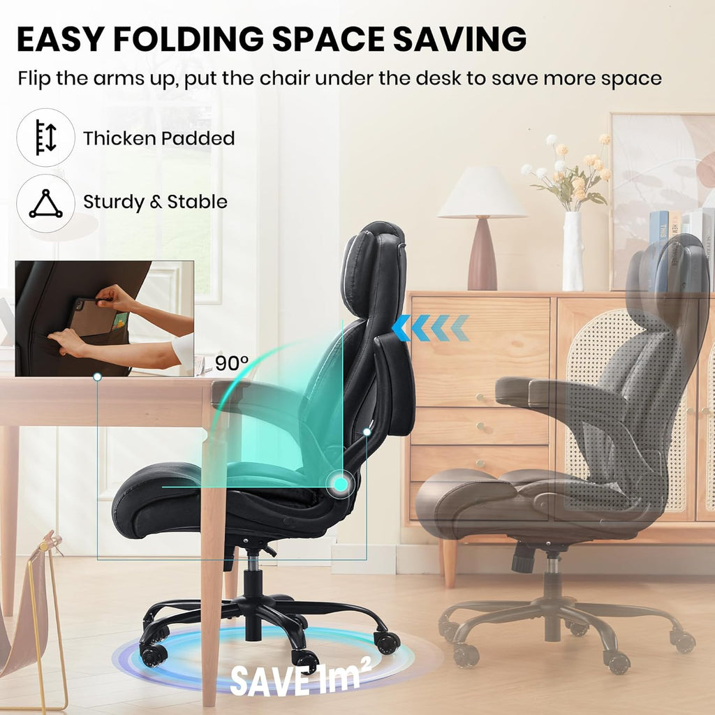 500lbs Big and Tall Office Chair Adjustable Lumbar Support for Back Pain, Extra Wide Seat Executive Office Chair Thick Armrest Pad, Heavy Duty Base&Upgraded Wheels, Ergonomic Comfy Computer Desk Chair