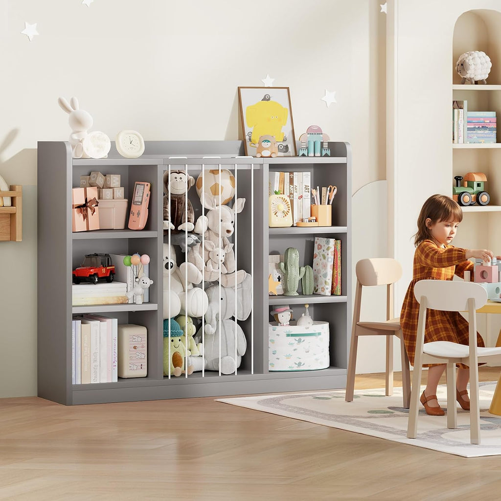 Toddler Stuffed Animal Zoo, Toy Storage Organizer for Playroom, Plush Toy Organizers and Storage, Book Shelf for Kids Rooms, Elastic Band Child Bookcase, Toy Shelf with 8 Storage Cubbies (Grey)